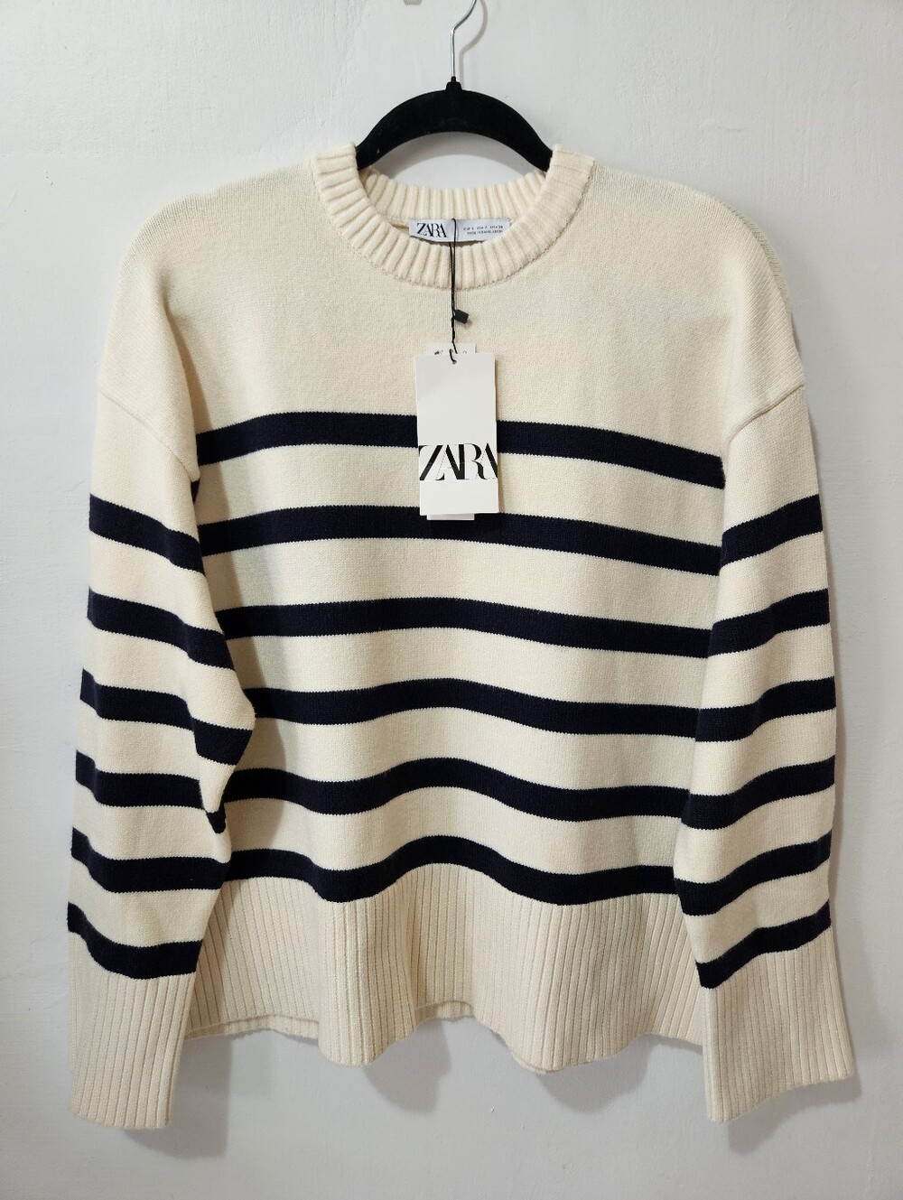 NEW Zara Striped Chunky Crewneck Sweater Cream Navy S Parisian Preppy - Picture 5 of 13